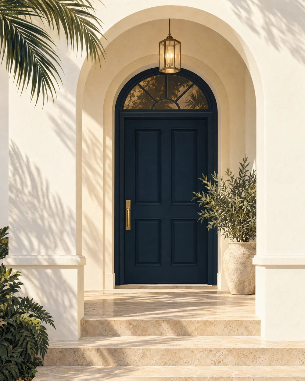 An architectural illustration of a welcoming home entrance with a navy door and warm golden light